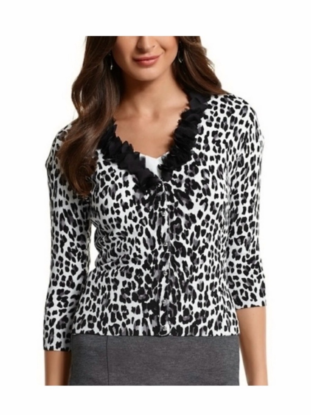 White House Black Market Black and White Leopard-Print Cardigan Sweater